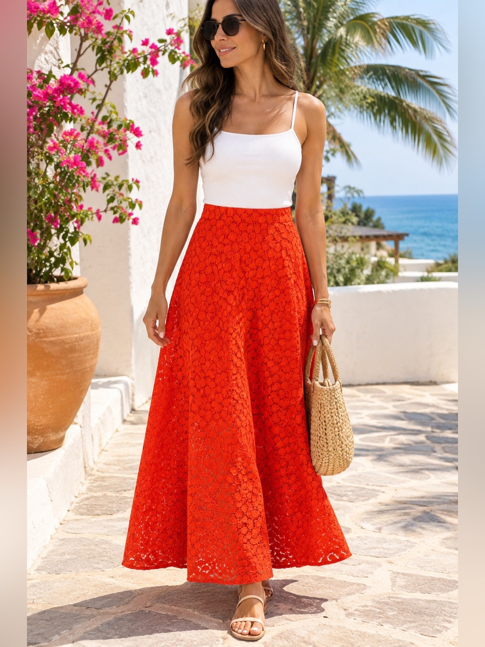 Banana Republic Eyelet-Lace Overlay A-Line Mid Length Skirt - Orange - Size 14